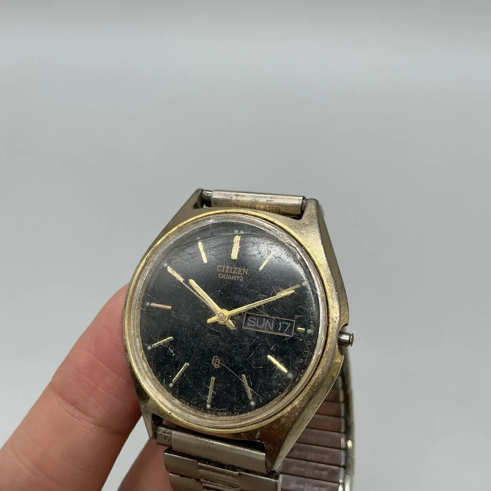 Vintage Citizen H100 Mens Watch 36mm Black Dial Day Date Missing Crown For Parts